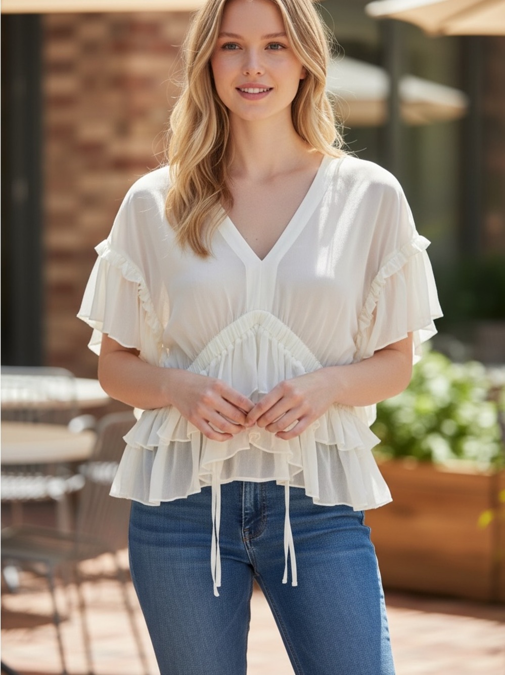 The Kooples Paris Women’s White Ruffle V-Neck Blouse